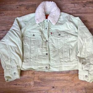 Levi's Sherpa Jacket Corduroy Vintage Women's XS Green and Cream Winter Cozy